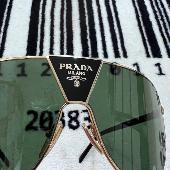 Prada 0PR 69ZS Gold Frame Green Lenses Logo Shield Wrap Mask Runway Sunglasses - Picture 5 of 15